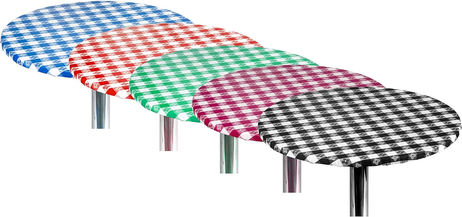 Checkered Vinyl Round Fitted Tablecloth with Flannel Backing for Restaurants, Picnics, Bistros, Indoor and Outdoor Dining